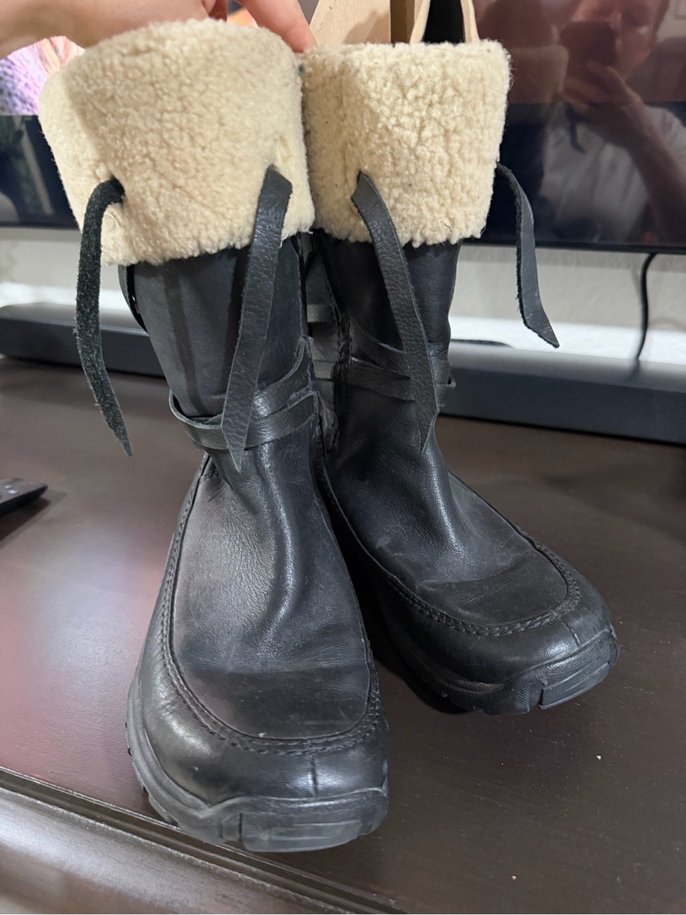 UGG Black Leather Winter Boots with Cream Shearling Cuff